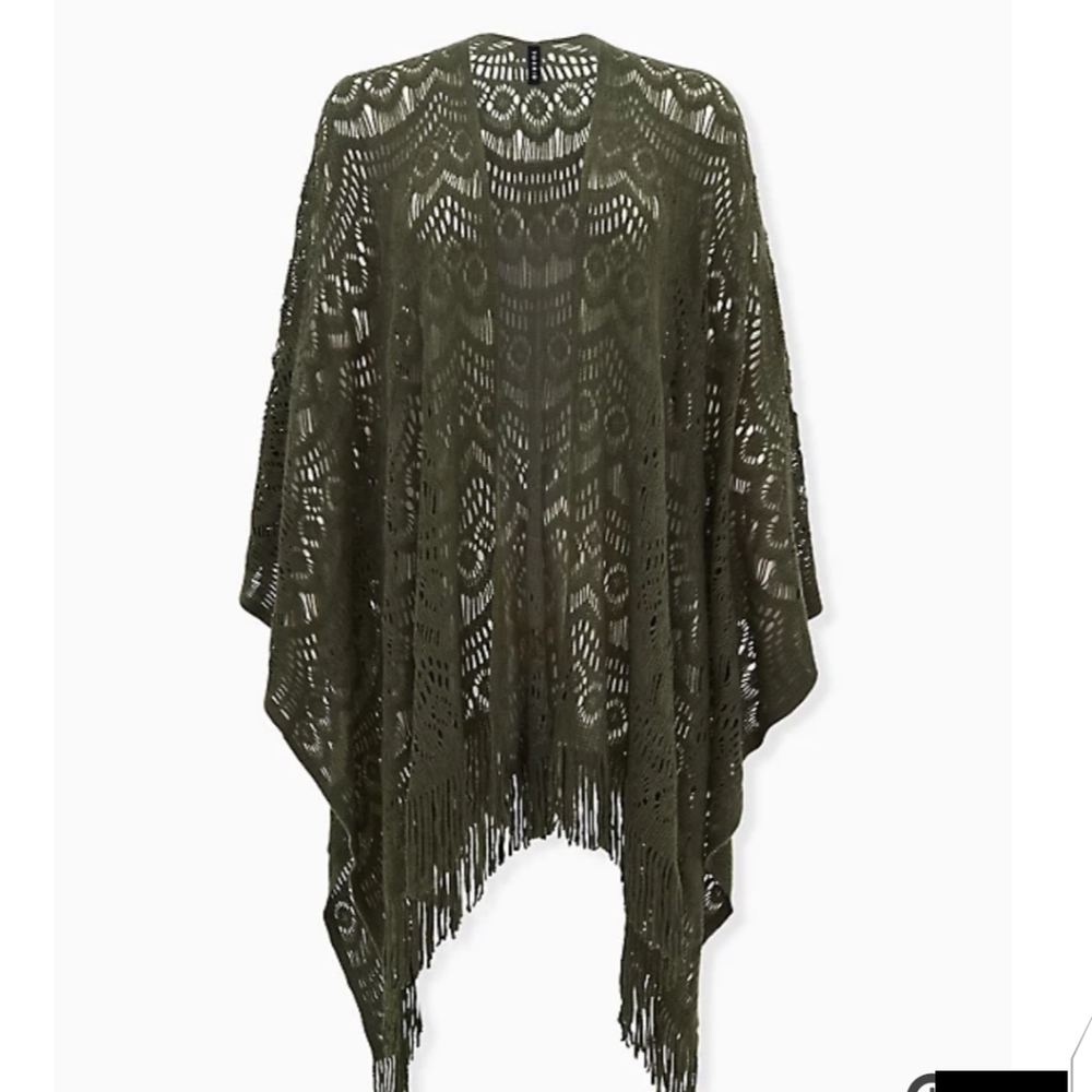 🆕OLIVE GREEN CROCHET FRINGE RUANA
